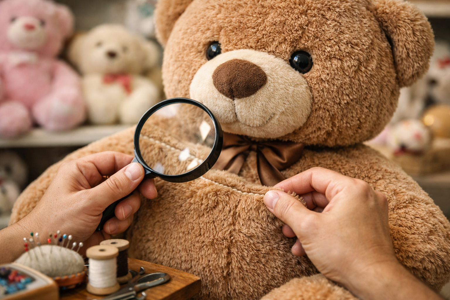 Cum verifici calitatea cusăturilor la un urs mare de plus înainte să-l cumperi?